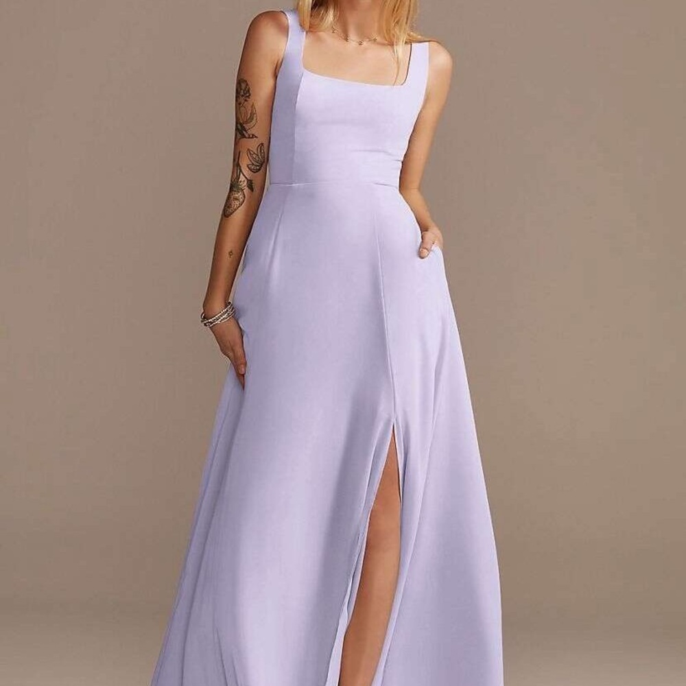 David’s Bridal Square Neck Lace Up Back Long Slit Bridesmaids dress with pockets